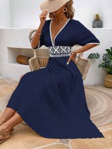 Breezaya Women's Summer Embroidered Patchwork Split Dress, Vacation Wear - Navy Blue - View 4