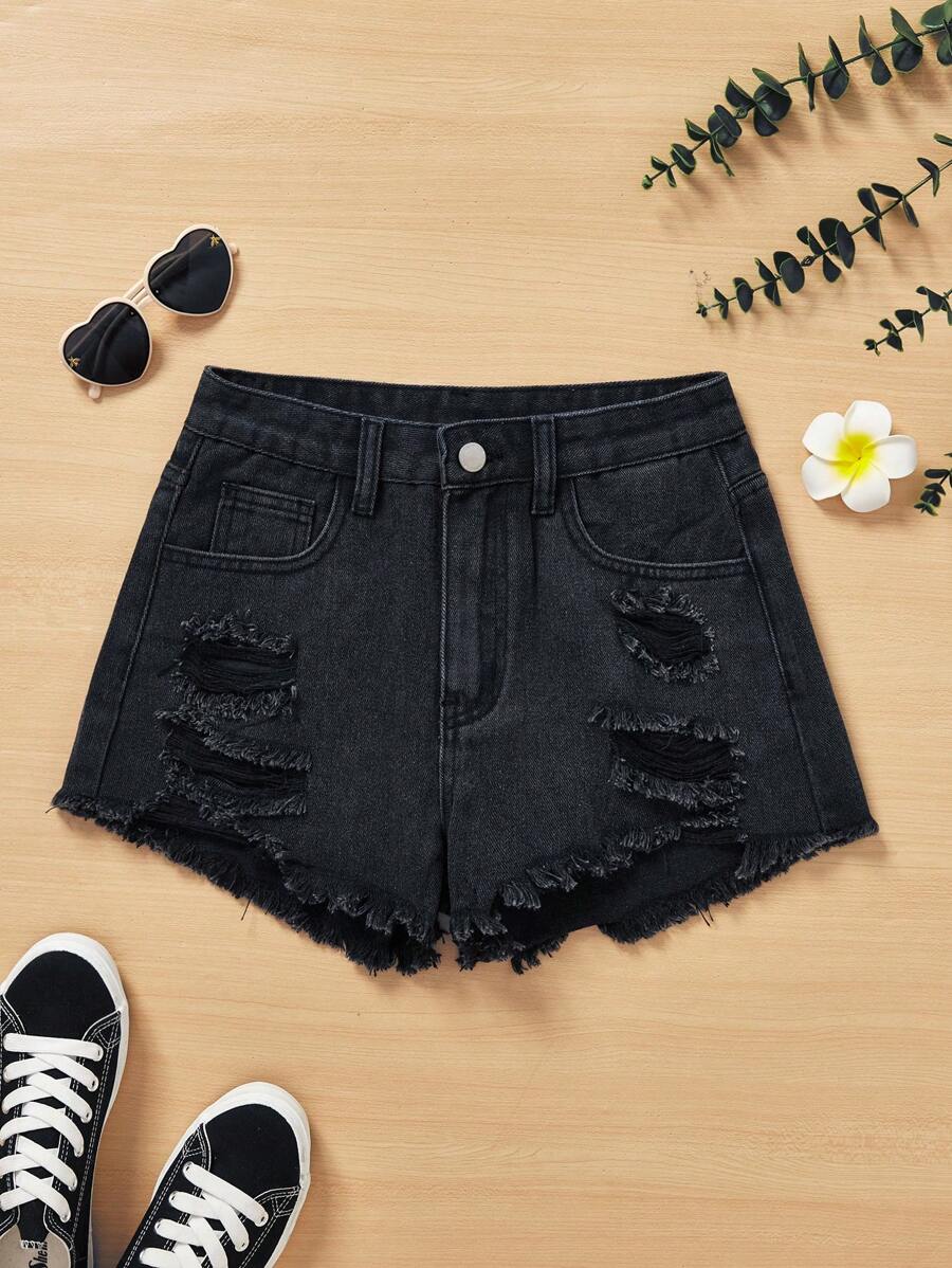 SHEIN Quần short denim sờn rách của cô gái tuổi teen mùa hè - màu đen - Xem 1