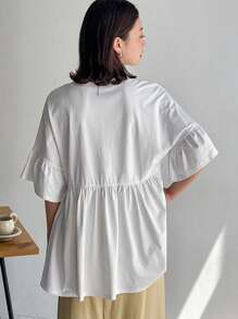 FRIFUL Women's Fashionable Loose-Fit Solid Color A-Line Short Sleeve T-Shirt For Daily Wear,Ruffle - White - View 5