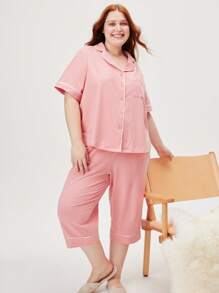 LUVLETTE Women Plus Soft Cotton Basic Button-Up Cotton Pink Pajama Set Lounge Set - Coral Orange - View 3
