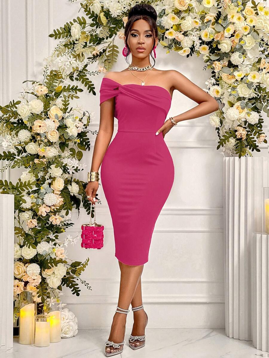 SOLERSUN فستان شد بالجسم بطول الميدي بكتف واحد أنيق للحفلات ، فستان عرس أو فستان حفلات - روز أحمر - مشاهدة 1