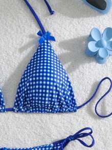 Swim Mod Bộ bikini dây yếm cổ yếm trang trí hình con bướm dành cho nữ, có in hình, ngẫu nhiên - Xanh và trắng - Xem 4