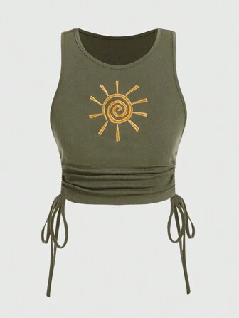 Hippie Plus Size Women's Casual Tank Top With Sun Embroidery And Side Drawstring