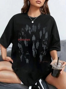 Camiseta de manga corta de cuello redondo para mujer con estampado de letras y caracteres, de estilo casual de verano - Negro - Ver 1