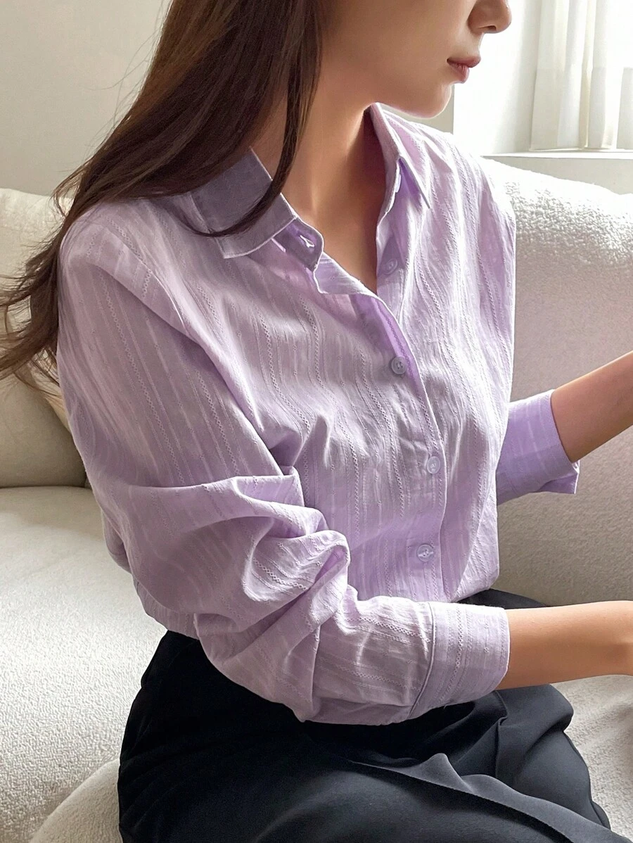 DAZY 女士纯色纹理领长袖休闲商务衬衫夏季 - 紫色 - 查看 1