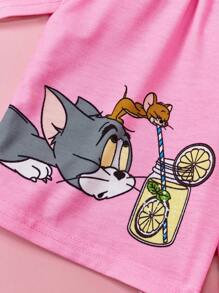 TOM & JERRY X SHEIN 夏季少女可愛卡通印花粉紅色T恤和短褲套裝 - 粉色 - 查看 6