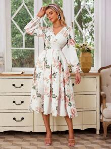 GENKIRA 優雅復古花卉印花V領泡泡袖長袖連衣裙，配腰帶和大擺線，適合商務和日常穿著 - 彩色 - 查看 1