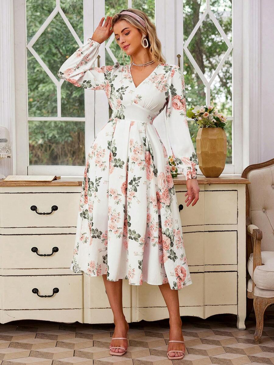 GENKIRA 優雅復古花卉印花V領泡泡袖長袖連衣裙，配腰帶和大擺線，適合商務和日常穿著 - 彩色 - 查看 1
