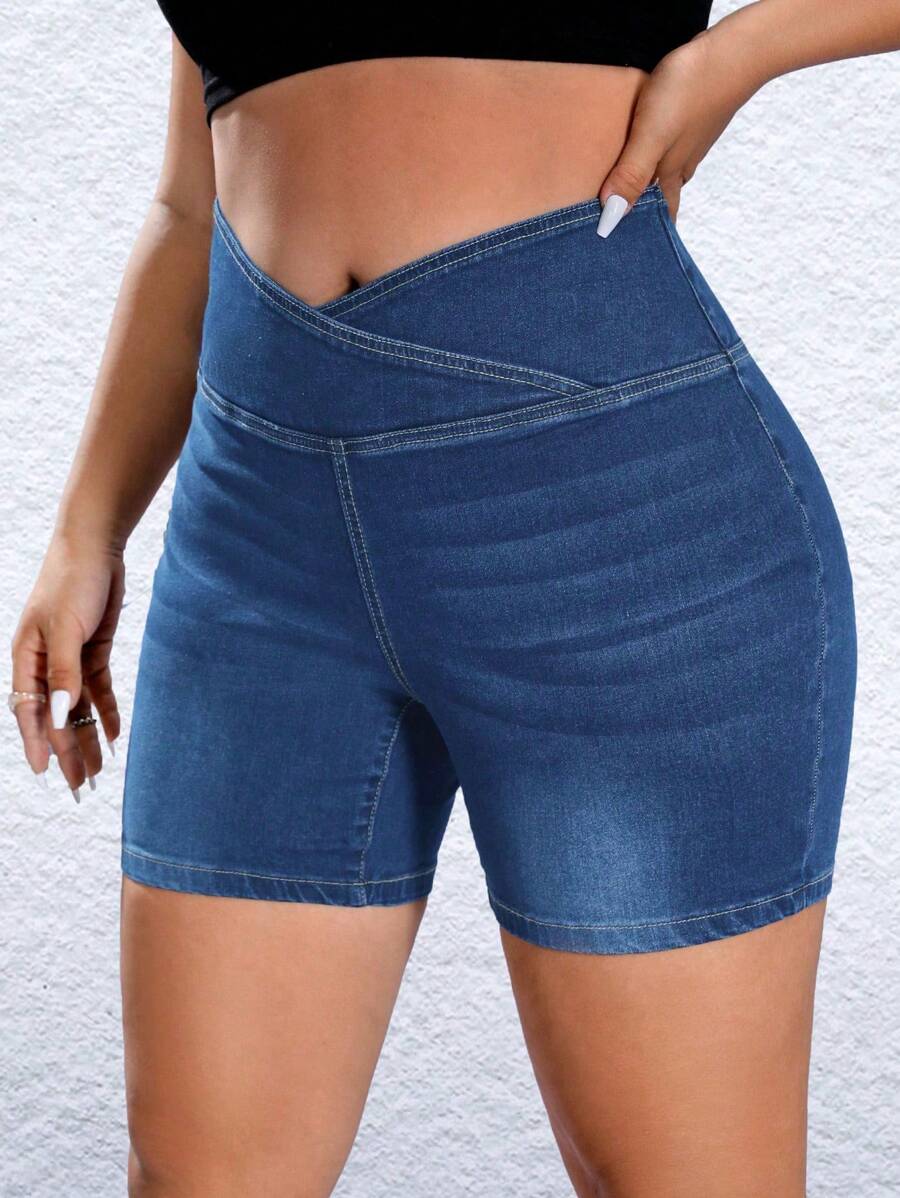 SHEIN EZwear Plus Size Solid Color Asymmetrical Wrap Overlap High Waist Denim Shorts, Summer - Medium Wash - View 1