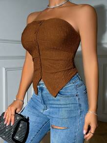 VaVaBold Top sin tirantes de ajuste delgado con botones delanteros y textura de unicolor para mujeres, moderno y adecuado para el verano