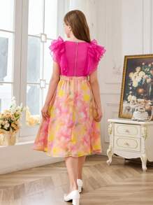 SHEIN Set aus lockerem Rüschen-Top und bedrucktem Chiffonrock für Tween Mädchen - Heißes Pink - Übersicht 2