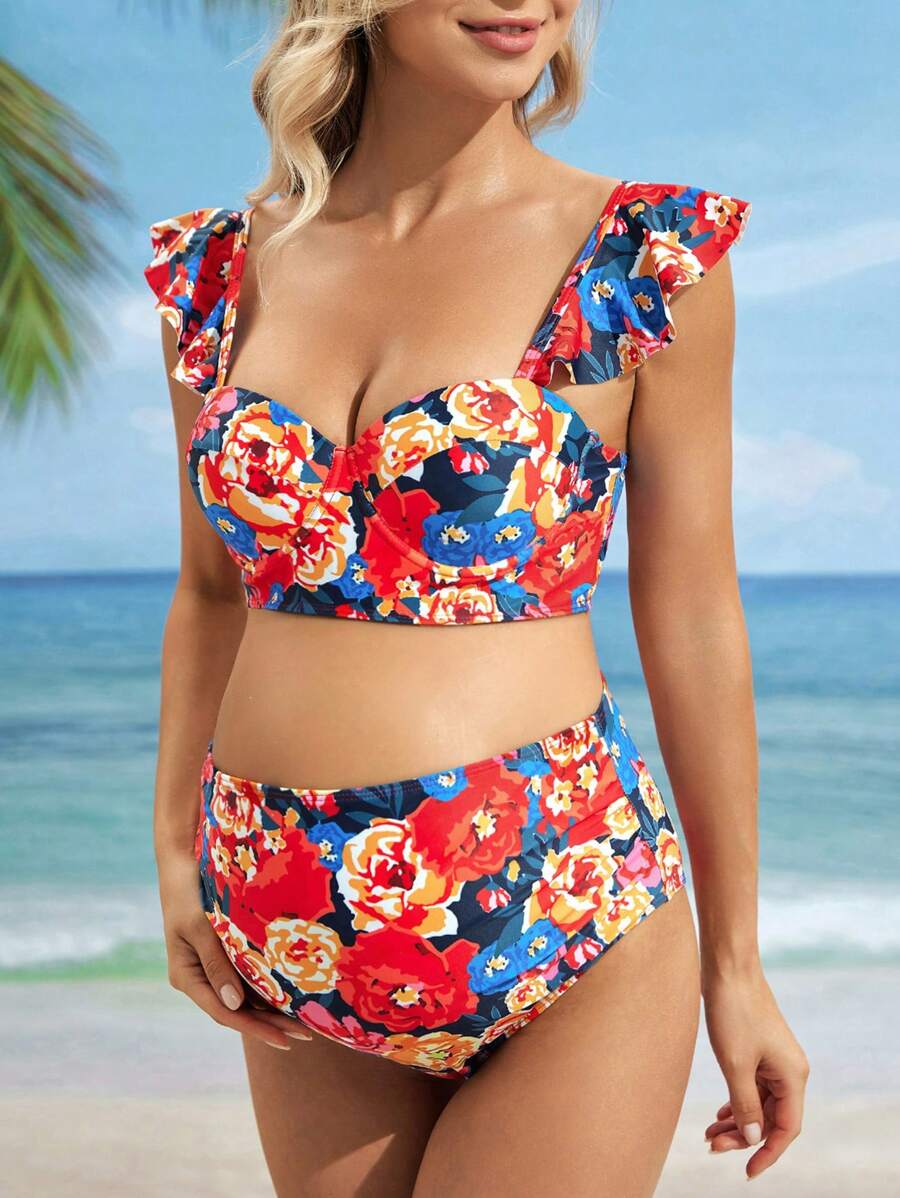 SHEIN Summer Maternity Beach Vacation Floral Print Sweetheart Neckline Cap Sleeve Top And Triangle Bikini Set