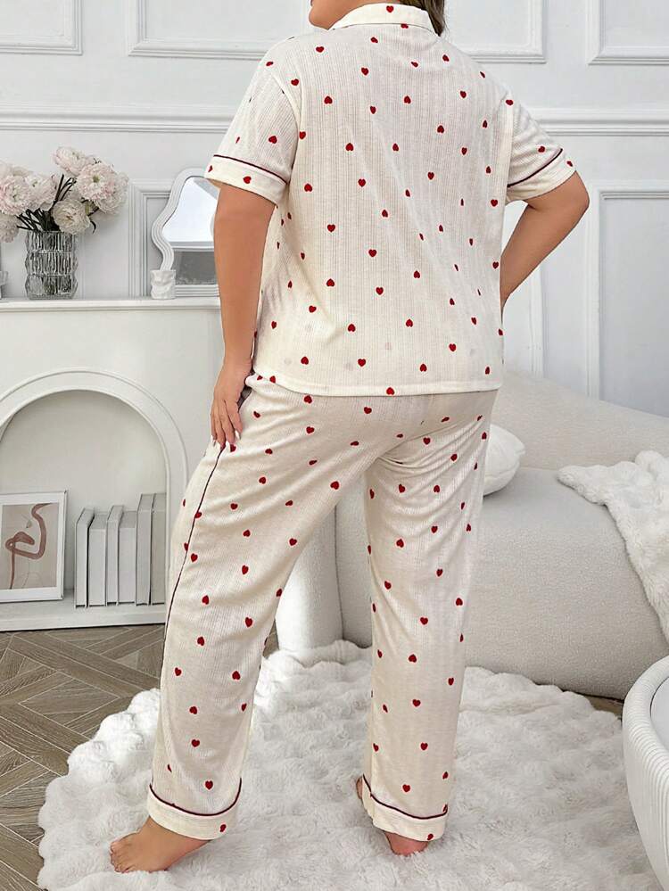 Plus Size Women Short Sleeve Top And Long Pants Pajama Set With Heart Print And Drawstrings