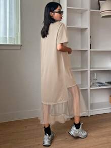 DAZY Mesh Splice Round Neck Loose Short Sleeve T-Shirt Dress For Women Summer,Ruffle,Casual Women Dresses