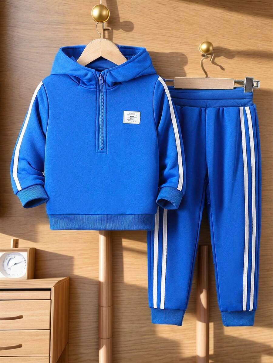 SHEIN 男孩字母拼接連帽衫和長褲套裝 - 藍色 - 查看 1