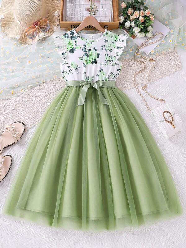 SHEIN Vestido De Malla Con Estampado Floral Para Niñas Adolescentes, Con Cuello Redondo Y Mangas De Gorra