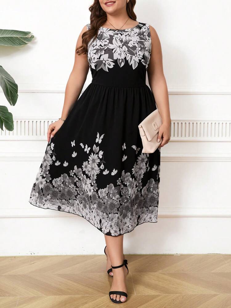 Plus Size Sleeveless A-Line Dress With Boat Neckline And Cinched Waist