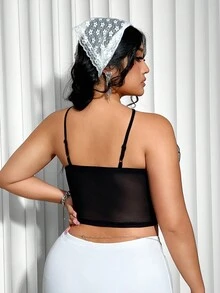 SHEIN ICON Plus Size Women's Black Date Night Exaggerated Ruffle Trim Halter Crop Top - Black - View 5