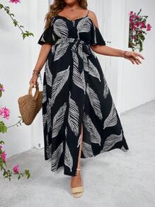 SHEIN VCAY Plus Size Boho Spaghetti Strap Split Thigh Short Sleeve Dress, For Summer