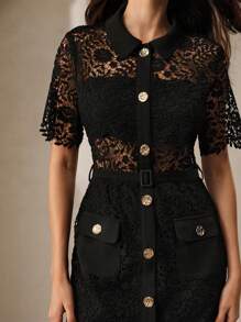 Anewsta 女士经典衬衫连衣裙，带纹理蕾丝镂空细节，超长女士服装