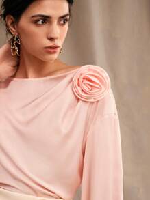 Anewsta Exquisite 3D Flower Asymmetric Design Women Pink Top Shirt - Pink - View 3
