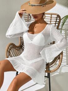 Swim Vcay Summer Clothes Women's Backless Knitted Dress With Hollow Out Cover Up Summer - White - View 3