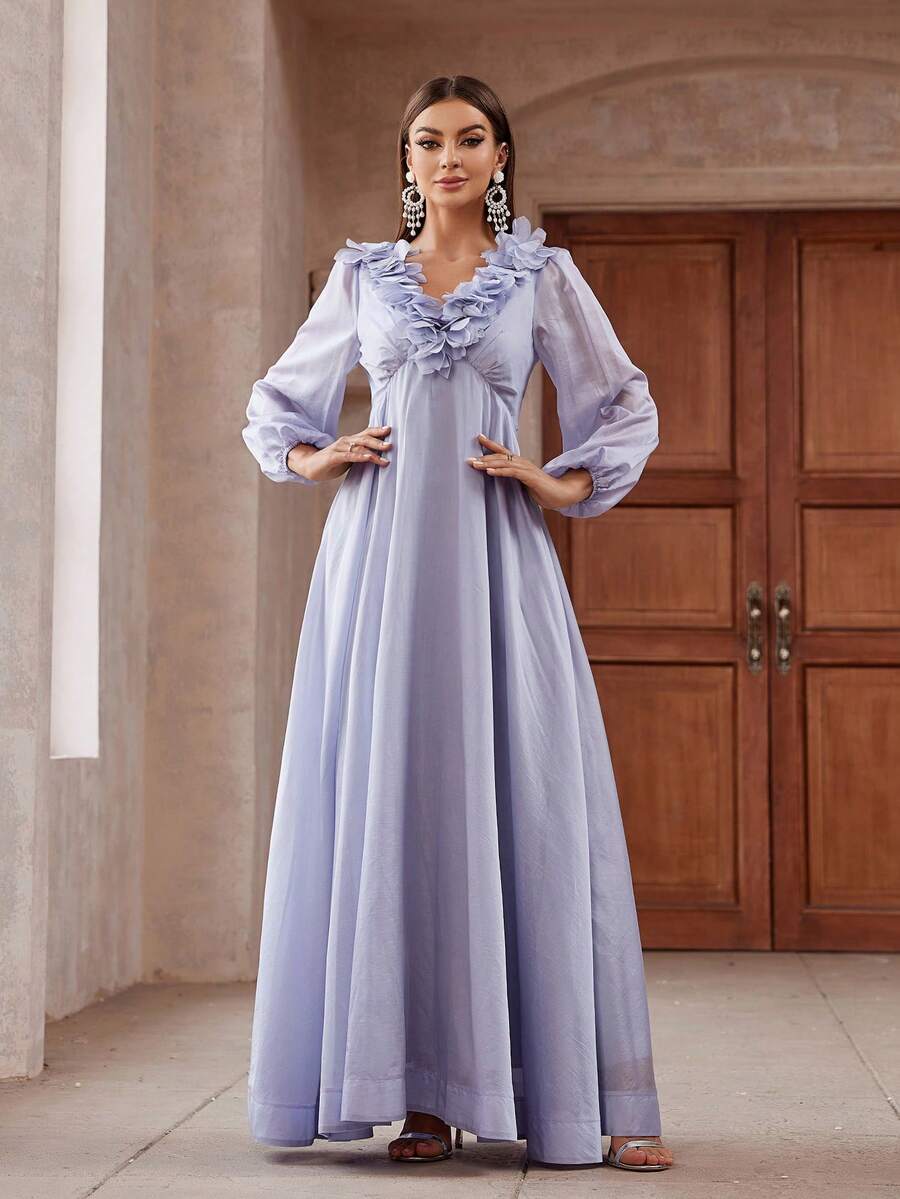 Vestido de dama de honor con manga lámpara, decorado con flores en 3D, de unicolor - Púrpura malva - Ver 1