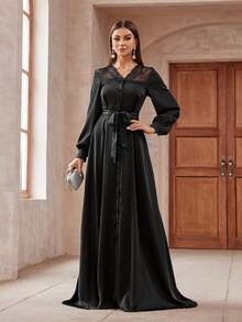 Women's Elegant Solid Color Lace Patchwork Lantern Sleeve Front Button Long Dress - Black - View 5