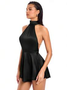 SHEIN BAE 酪梨綠色精緻鑽石鏈帶高領A字型夜店甜美連身短褲 - 黑色 - 查看 4