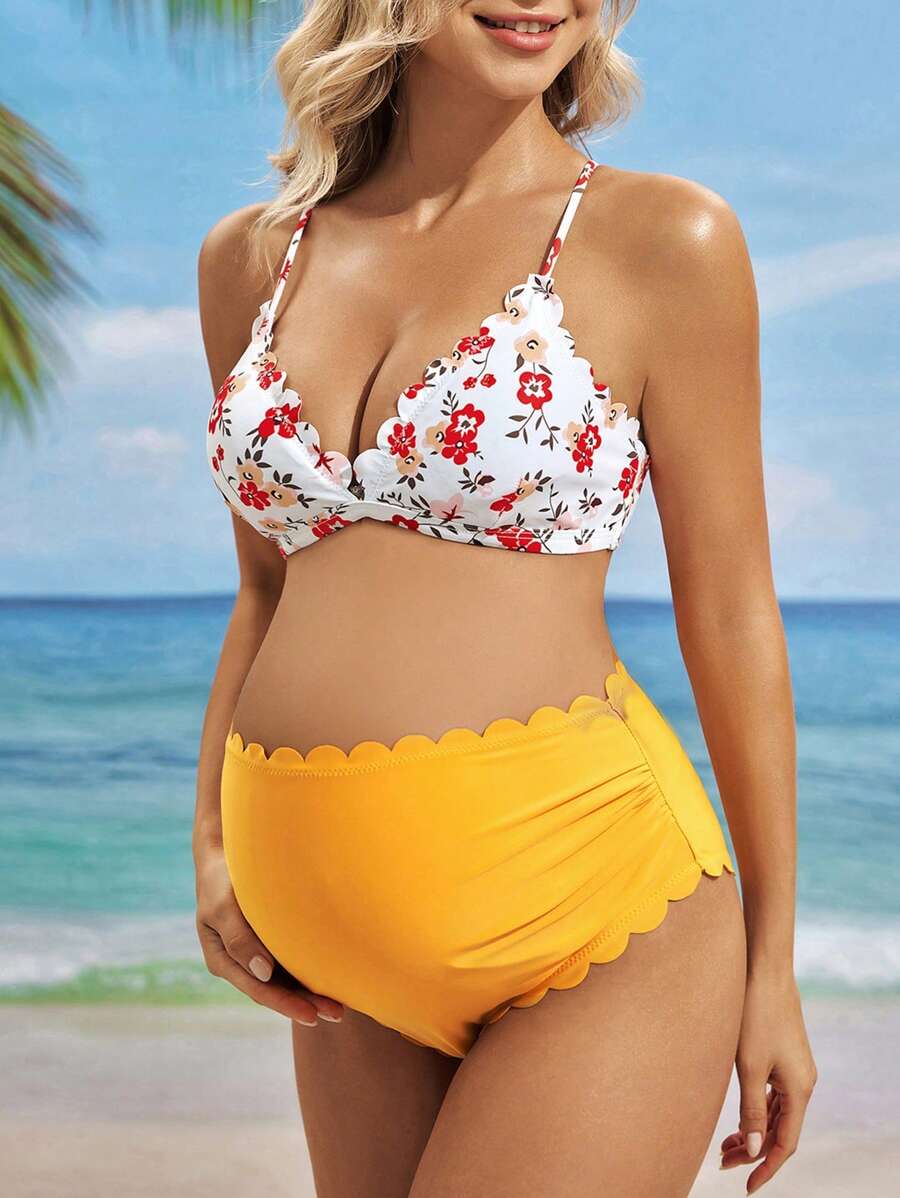 SHEIN 孕婦夏季海灘扇邊撞色花卉印花度假比基尼套裝 - 杏色 - 查看 1
