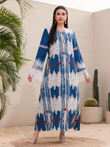 Al Najma Women's Vintage Printed Fringed Sleeve Cuff Dress - Blue - View 6