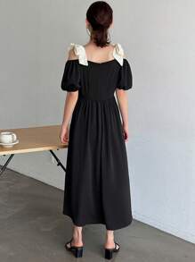 FRIFUL 女式拼色露肩褶饰日常夏装吊带背心裙 - 黑色 - 查看 7