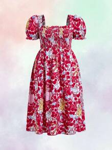 The Wizard of Oz X SHEIN Plus Size Summer Dreamy Lovely Rural Romantic Red Flower Cartoon Printed Sun Dress With Puff Sleeve - Multicolor - View 9