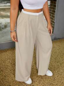 SHEIN EZwear Pantalones de vestir caqui de talle grande con piernas anchas, ideal para la oficina en primavera/verano - Caqui - Ver 6