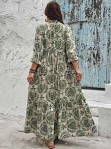 SHEIN VCAY Plus Size Boho Retro Printed Ladies' Green Beach Dress For Summer Vacation