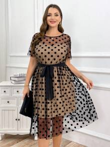 SHEIN Clasi Elegant Plus Size Polka Dot Mesh & Apricot Color Blocking Bodycon Dress For Summer - Multicolor - View 5