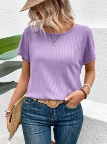 Breezaya Women's Summer Solid Color Round Neck Short Sleeve T-Shirt With Lace Back Panel And Knot Detail, Casual