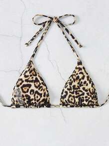 SHEIN Swim Women's Leopard Print Halter Neck Triangle Bikini Top For Summer, Random Print,Summer Beach - Multicolor - View 2