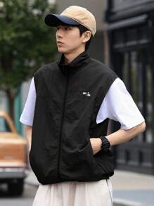 DAZY 男士返校纯色拉链简约休闲夏季夹克，适合网球秋冬背心 - 黑色 - 查看 1