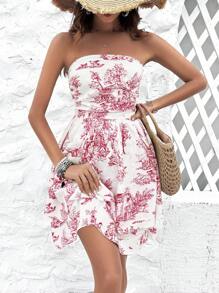 SHEIN VCAY Allover Print Strapless Layered Ruffle Summer Sleeveless Dress - Red and White - View 3
