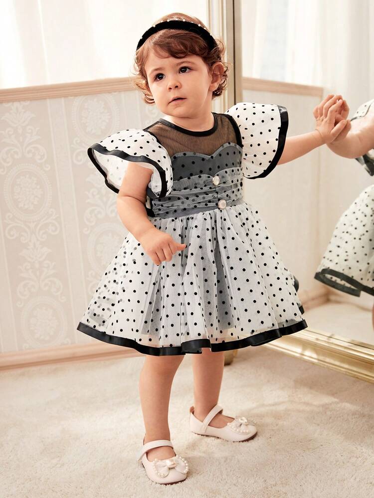 Baby Girl Elegant Classic Multiple Layer Polka Dot Tulle Dress, Spring/Summer