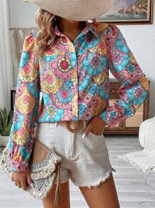SHEIN LUNE Casual Long Sleeve Printed Shirt For Spring And Summer
