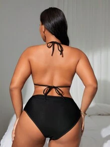 Swim Lushoire 夏季沙灘大尺碼女士簡約印花泳衣比基尼套裝 - 黑與白 - 查看 2