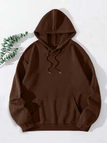 SHEIN EZwear Áo thun nữ có mũ trùm đầu tiêu chuẩn hàng ngày in chữ có dây rút - Cà phê nâu - Xem 2