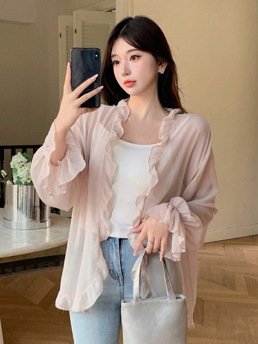 Women's Solid Color Sheer Long Sleeve Regular Jacket With Frill Trim,Fall Women Clothes - White - View 1