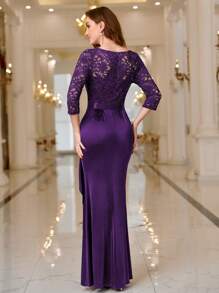 MIUSOL V Neck Contrast Lace Ruffle Satin Evening Party Maxi Formal Dress Elegant Prom Wedding Guest Gown, For Graduation, Dinner