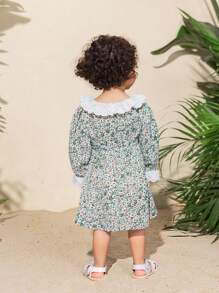 SHEIN Cute Mommy And Me Vacation Style Floral Pattern Patchwork Dress With Lace Trimmed Peter Pan Collar, Knit Waistband And Long Sleeves For Baby Girls - Mint Blue - View 4