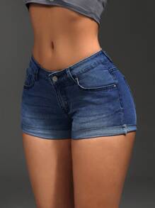 SHEIN SXY Quần short denim ôm vừa vặn cạp cao thời trang dành cho nữ - Rửa tối - Xem 5