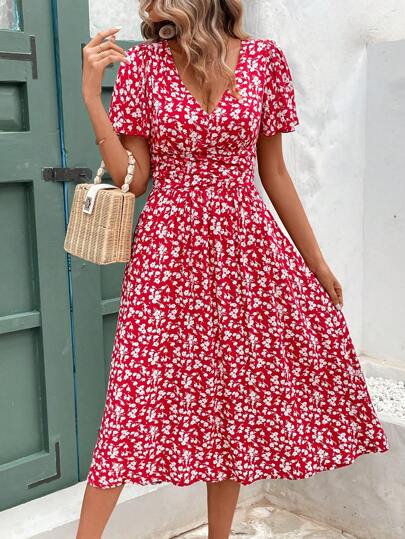 SHEIN Frenchy V-Neck Floral Print Short Sleeve Ruffle Hem Dress Beach Holiday Dress Floral Dress Summer Dress Christmas New Year Red Vacation Flower Resort