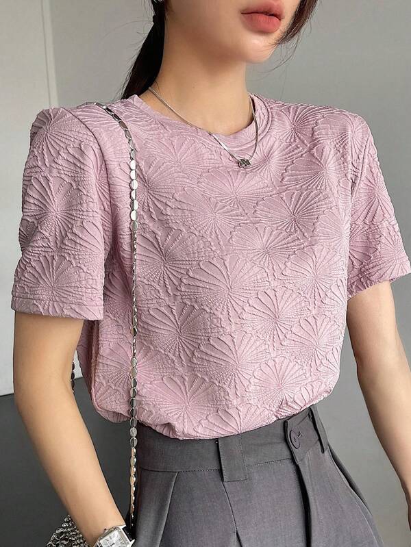 DAZY Women's Summer Round Neck Short Sleeve Casual Jacquard T-Shirt